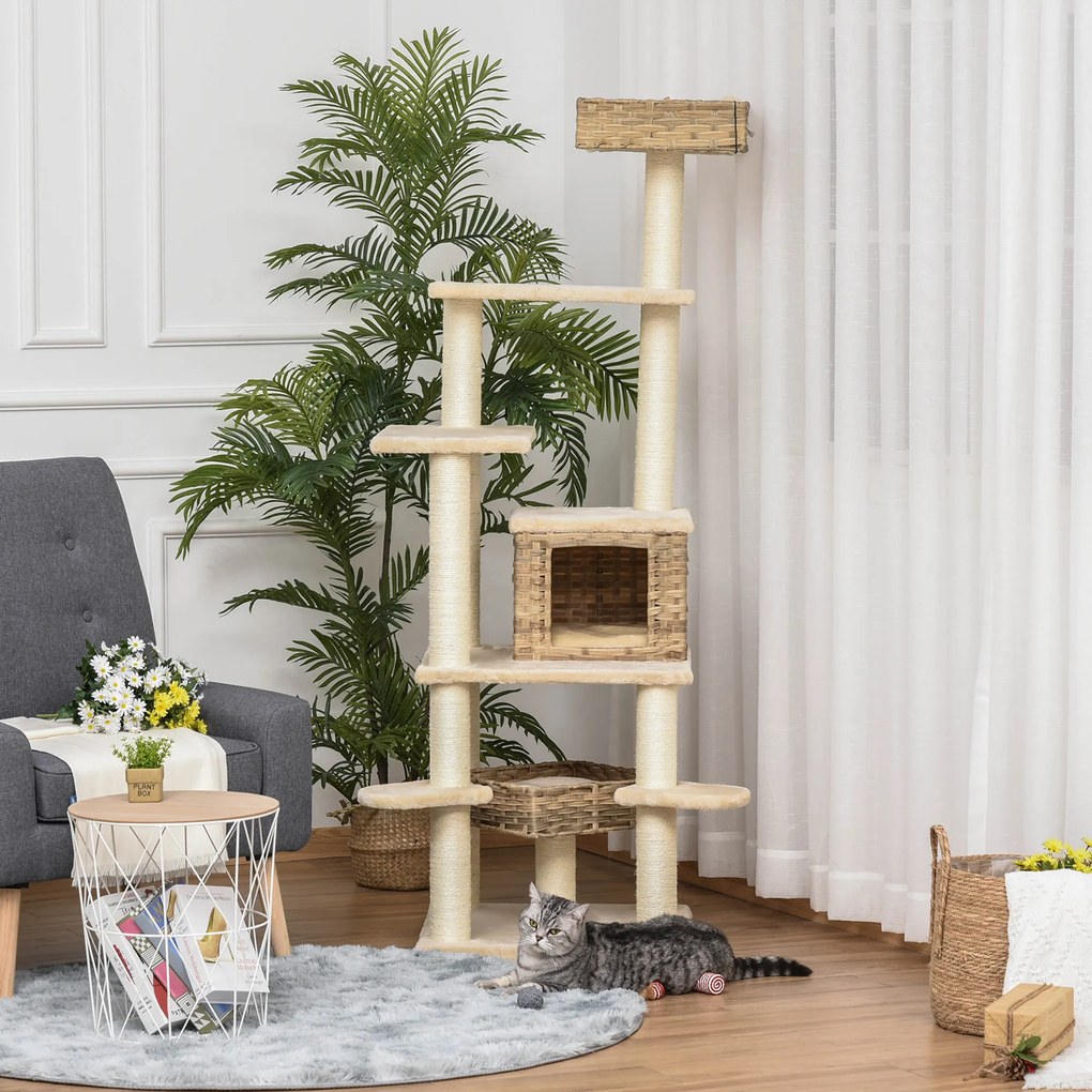 PawHut Săculeț de zgâriat din ratan cu căsuță pentru pisici Săculeț de pisici cu mai multe etaje Kletterbaum pentru pisici E1 MDF Sisal Bej+Maro 55 x 55 x 174 cm | Aosom Romania