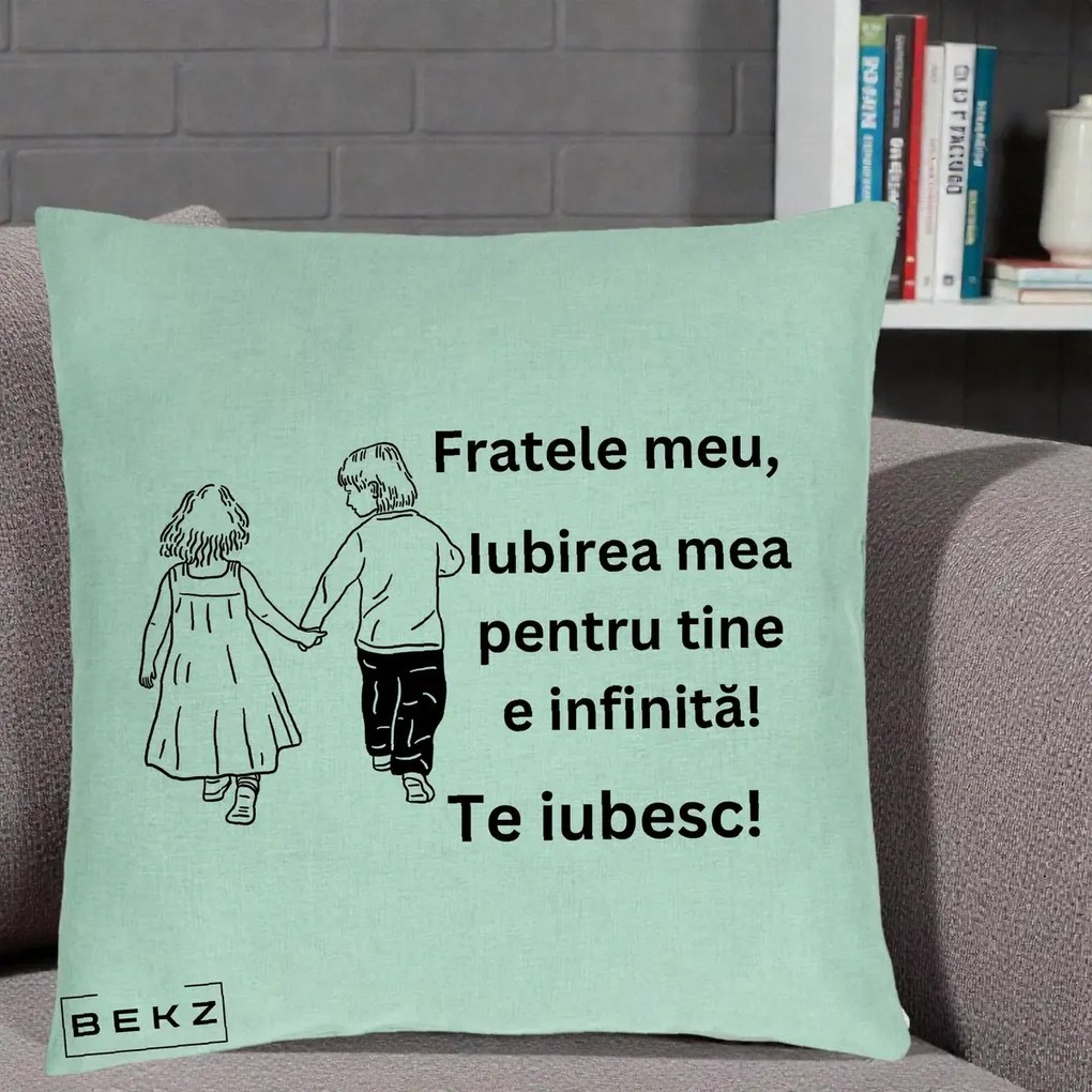 Cadou pentru Frate - Perna Personalizata Fratele Meu Te Iubesc Copii Tinand Maini Varianta 2, 40x40 cm, Verde Menta, Husa Detasabila, Perna Inclusa, BEKZ®