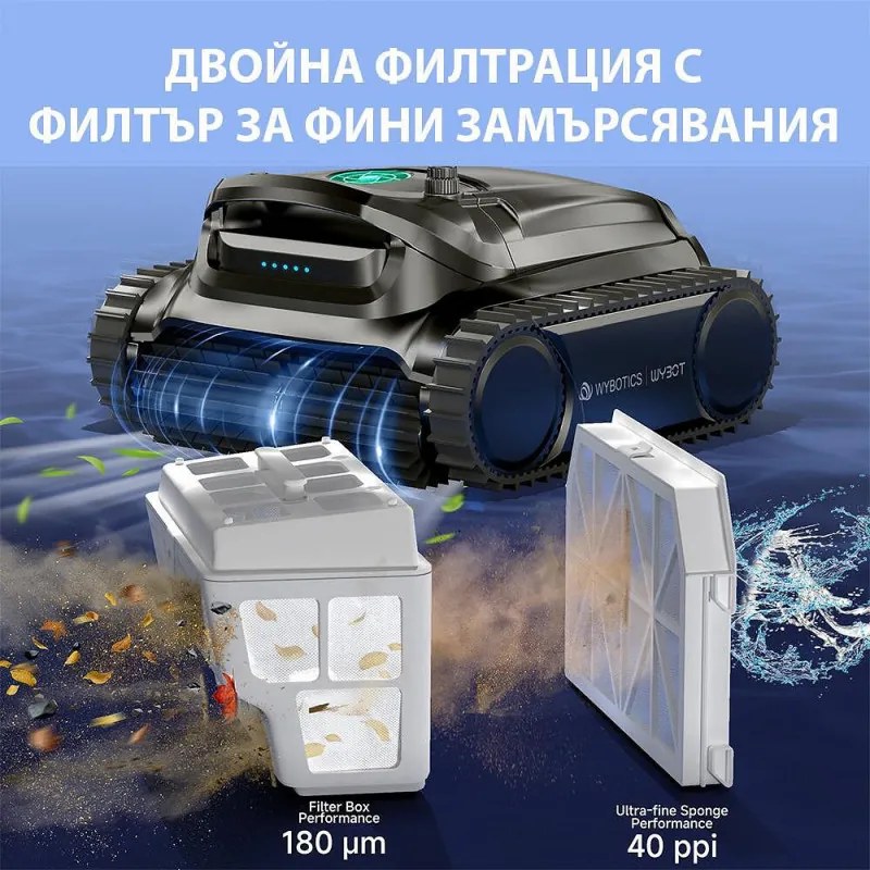 Robot fara fir pentru piscine Wybot M1, 120 W, 300 min, 400 m², Filtrare dubla, 2 randuri de perii, Planificare a traseului, Giroscop, Negru