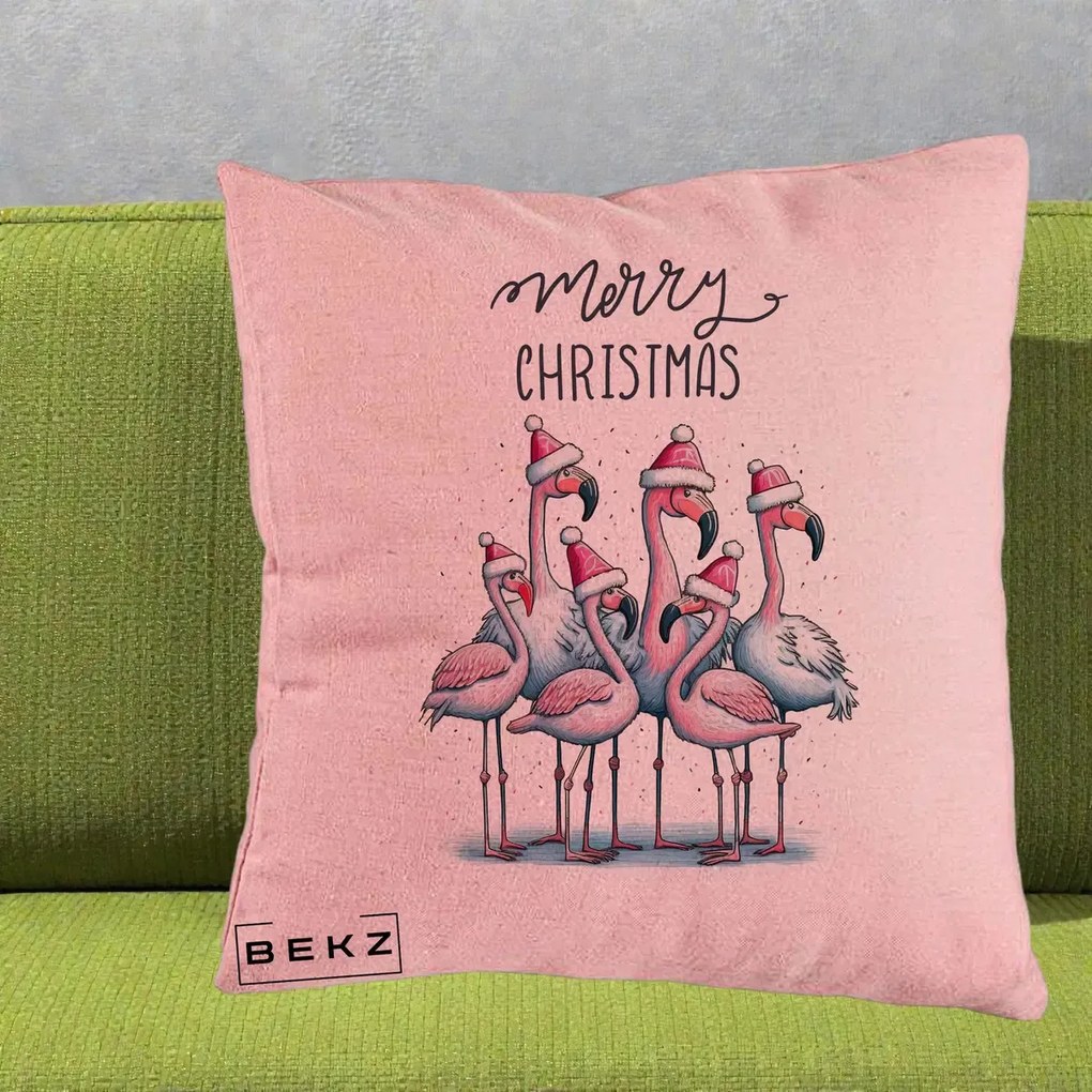 Perna Decorativa Flamingo Merry Christmas, 40x40 cm, Roz, Husa Detasabila, Perna Inclusa, BEKZ®