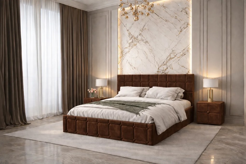 Pat tapitat Royal 160x200 cm, Maro + Saltea Superortopedica Gold, grosime 20 cm + Set 2 noptiere Royal, Maro