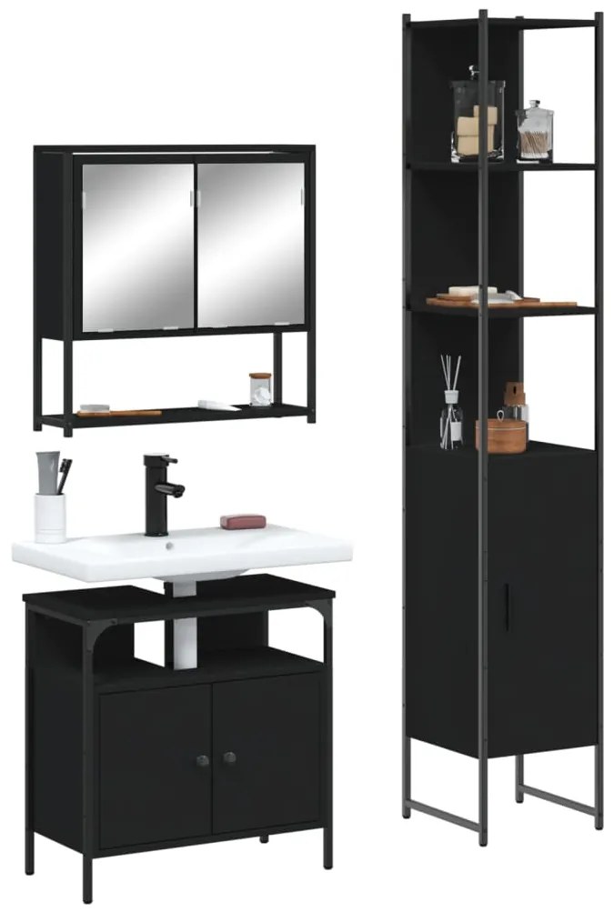 vidaXL Set mobilier de baie, 3 piese, negru, lemn compozit