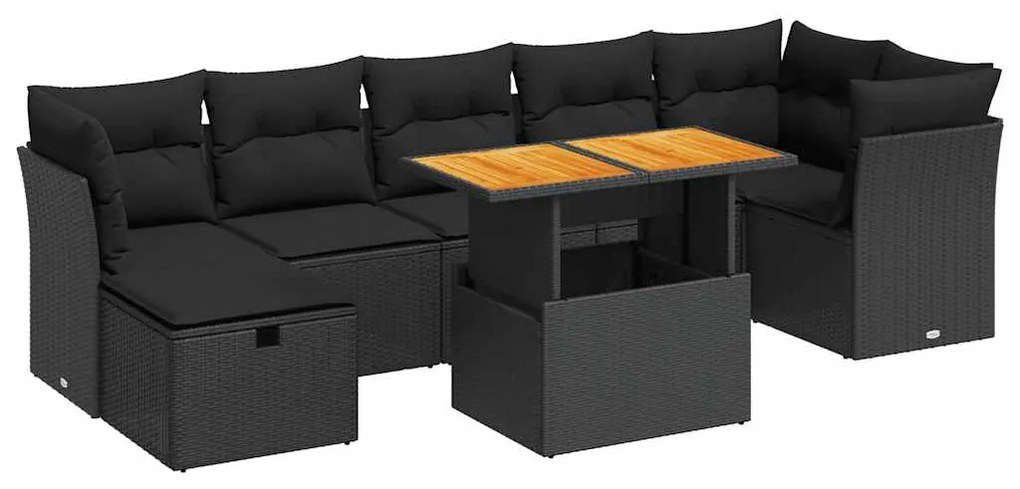 3327979 vidaXL Set mobilier grădină perne 8 piese negru, poliratan/lemn acacia