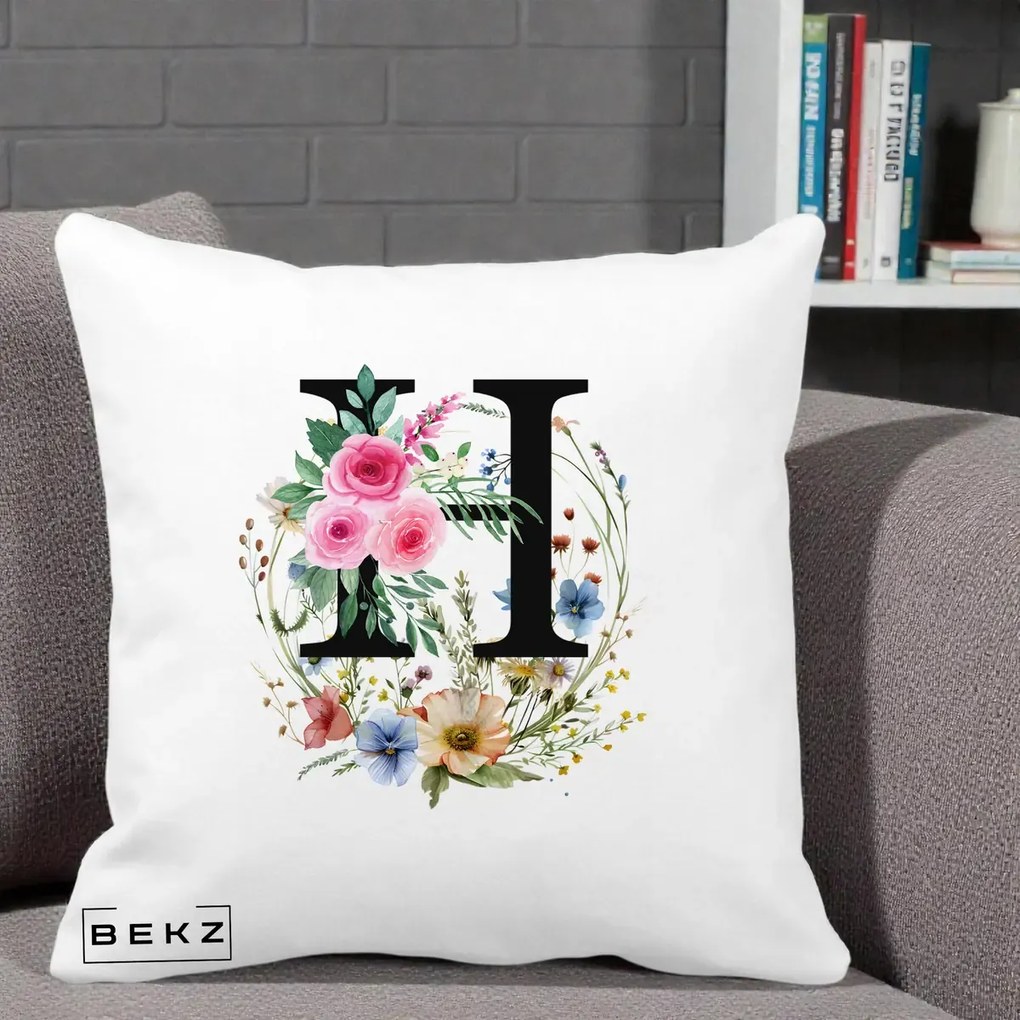 Cadou Personalizat - Perna Personalizata Monogram Litera H cu Flori Acuarela, 40x40 cm, Alba Mata, Husa Detasabila, Perna Inclusa, BEKZ®