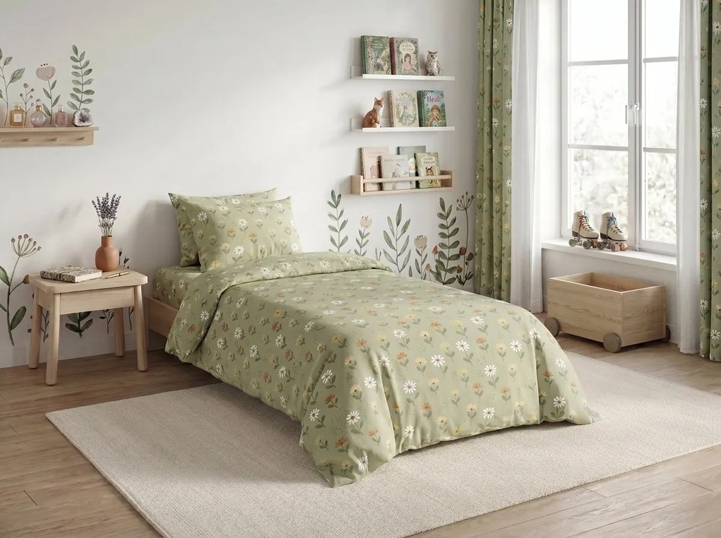 Cearsaf din bumbac pentru patutul copilului FLORAL NEST verde 110x160 cm