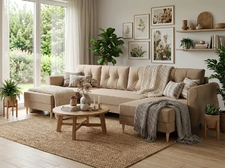 OFERTA Canapea extensibila in forma de U SILVIANO 300x140 cm, bej + 2 perne GRATUIT II. calitate