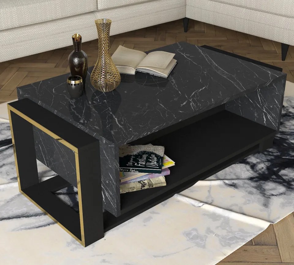 Măsuţă de Cafea Bianco, 106.4 x 60 x 40.4 cm, Negru / Auriu