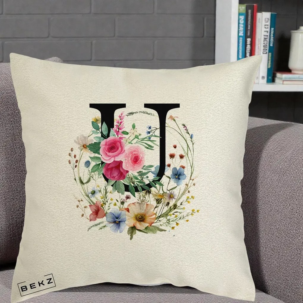 Cadou Personalizat - Perna Personalizata Monogram Litera U cu Flori Acuarela, 40x40 cm, Ecru, Husa Detasabila, Perna Inclusa, BEKZ®