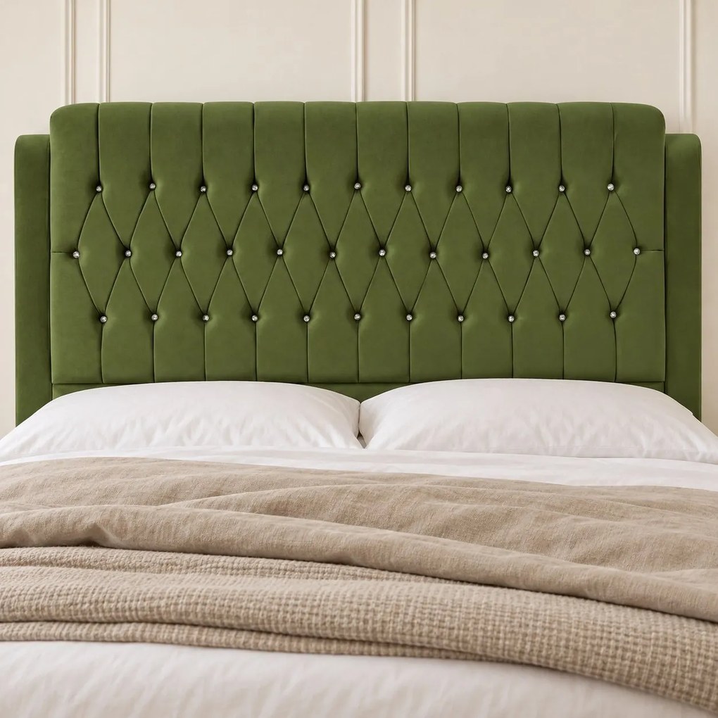 Pat tapițat Chesterfield din catifea Aveline Deluxe 140×200 cm, kaki, cu ladă de depozitare