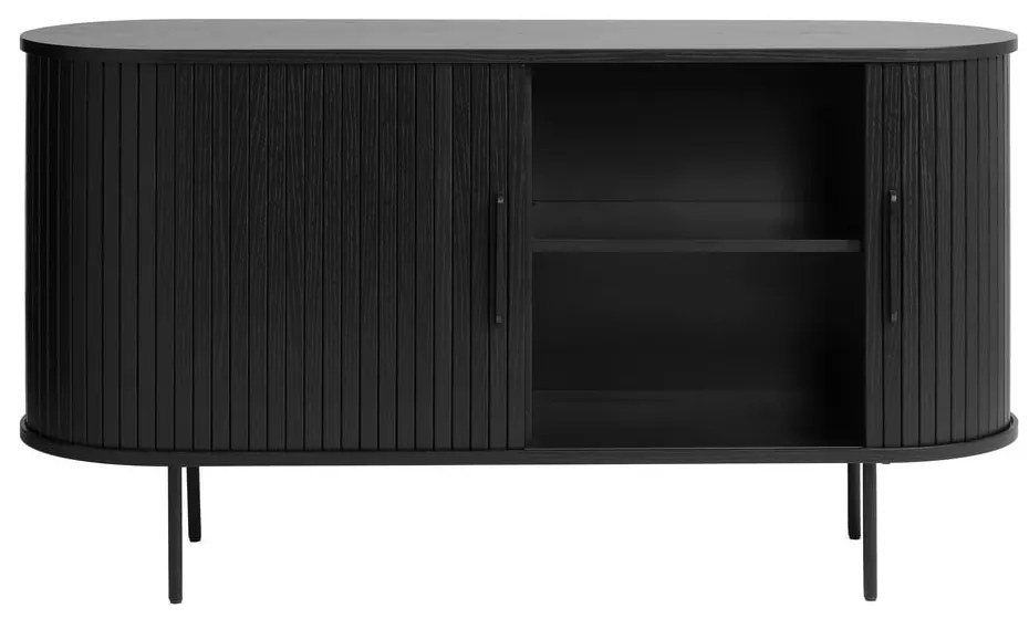 Comodă neagră joasă cu aspect de lemn de stejar cu ușă glisantă 140x76 cm Nola – Unique Furniture