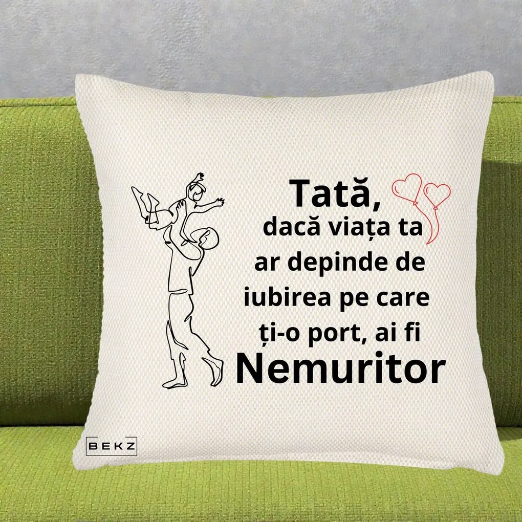 Cadou pentru Tata - Perna Personalizata Tata Nemuritor Joaca in Aer, 40x40 cm, Crem Reliefat, Husa Detasabila, Perna Inclusa, BEKZ®