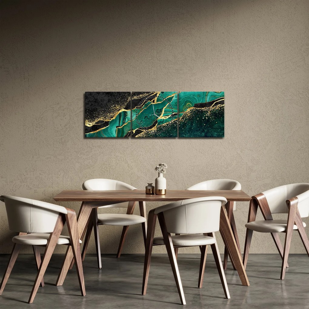 Tablou - Marmorat, petrol-auriu (cu ceas) (90x30 cm)