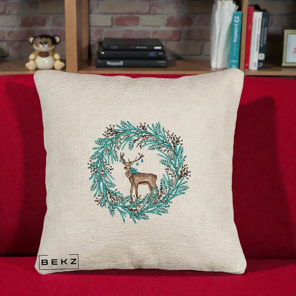 Perna Decorativa Coroana Turcoaz cu Ren, 40x40 cm, Bej Canapea, Husa Detasabila, Perna Inclusa, BEKZ®