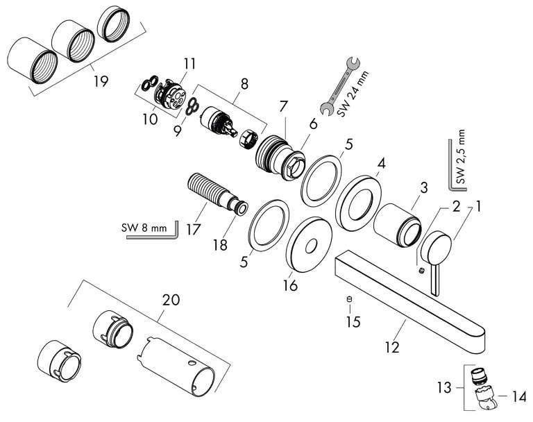 Baterie lavoar cu montaj pe perete, Hansgrohe, Finoris, cu pipa 22,8 cm, crom