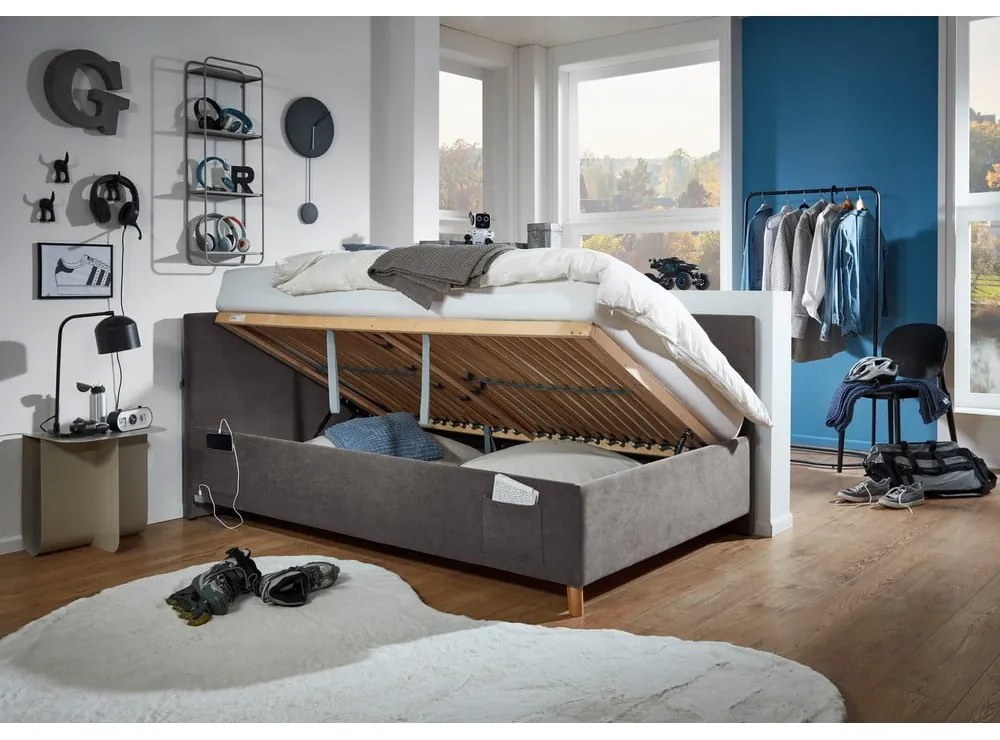 Pat pentru copii gri antracit pe colț tapițat cu spațiu de depozitare cu somieră 140x200 cm Cool – Meise Möbel