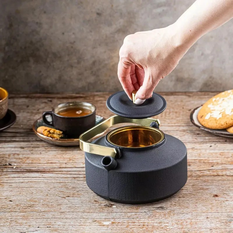 Ceainic din fonta cu infuzor Kinghoff KH 1935, 1 l, Interior emailat, Inductie, Negru