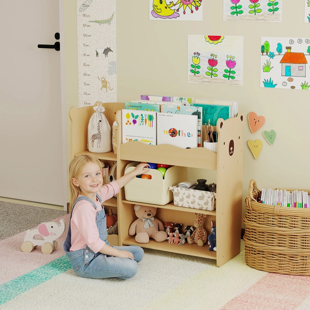 AIYAPLAY Raft pentru Jucării pentru Copii 3-8 Ani cu 7 Rafturi Deschise, Mobilier pentru Copii din MDF, 92x29x79 cm, Culoare Lemn | Aosom Romania