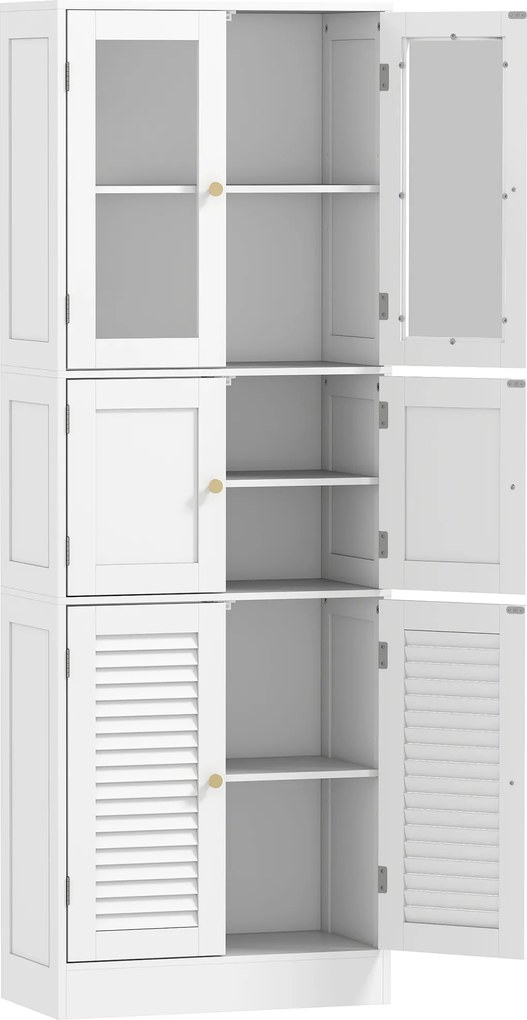 HOMCOM Dulap pentru baie cu 3 compartimente și 2 uși din sticlă și lemn, rafturi reglabile, 60x30x170 cm, alb | Aosom Romania