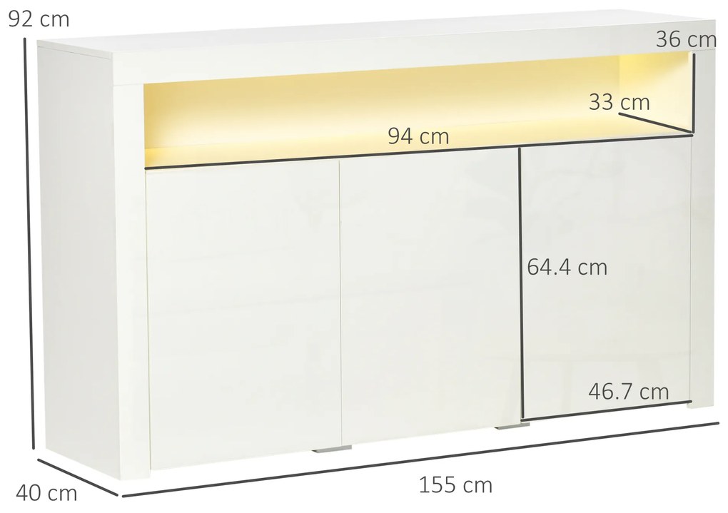 HOMCOM Bufet Modern cu 3 Usi cu lumini LED Colorate si Telecomanda din lemn, 155x40x92cm - Alb | Aosom Ro