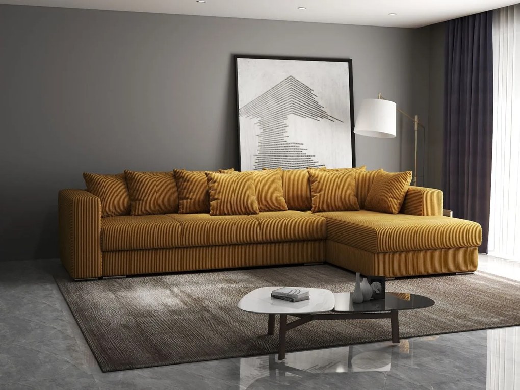 Colțar extensibil dumonde cu ladă de depozitare si sezut confortabil din spuma high-density, Gloria Zoom Mustar II 320x183 cm