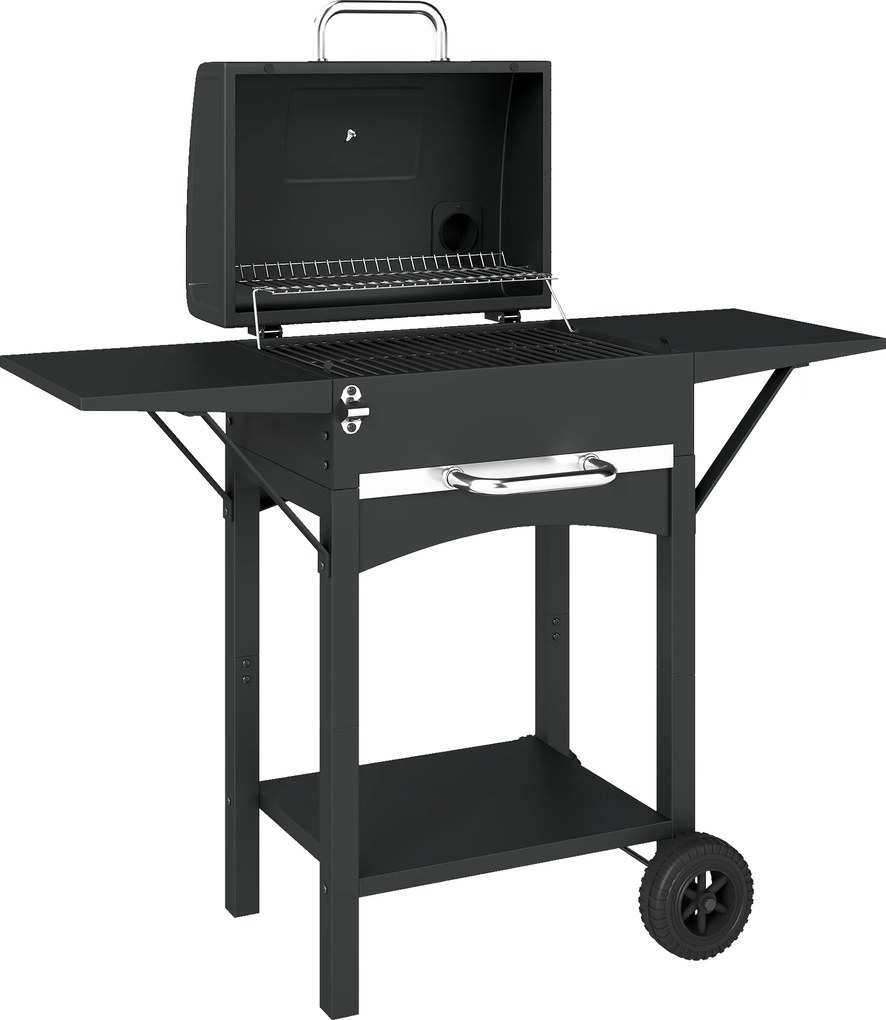 Outsunny Grătar pe cărbuni cu capac, BBQ Smoker cu 2 mese laterale, suprafață mare de gătit, grătar, termometru, roți | Aosom Romania