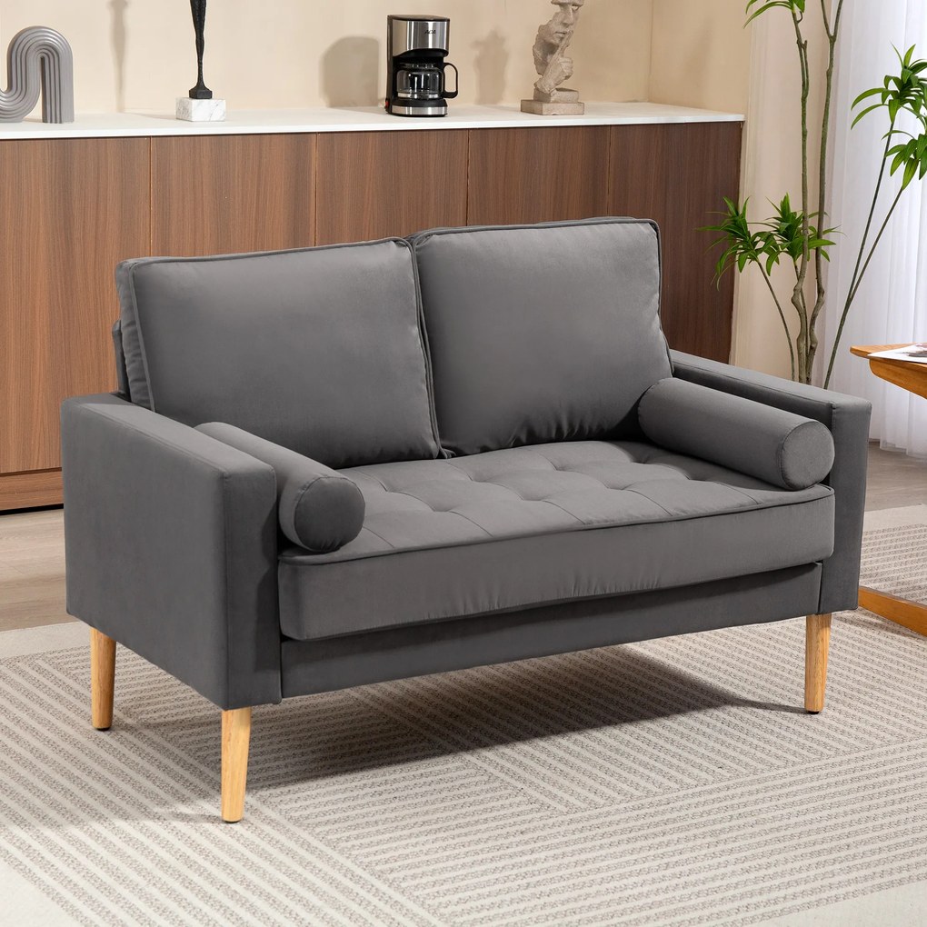 HOMCOM Canapea 2 locuri elegantă din catifea 127 cm cu perne groase, 2 perne și șezut captușit, gri | Aosom Romania