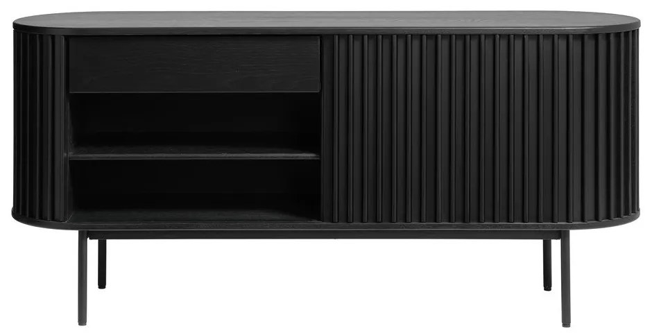 Comodă neagră joasă cu aspect de lemn de stejar cu ușă glisantă 73x160 cm Siena – Unique Furniture