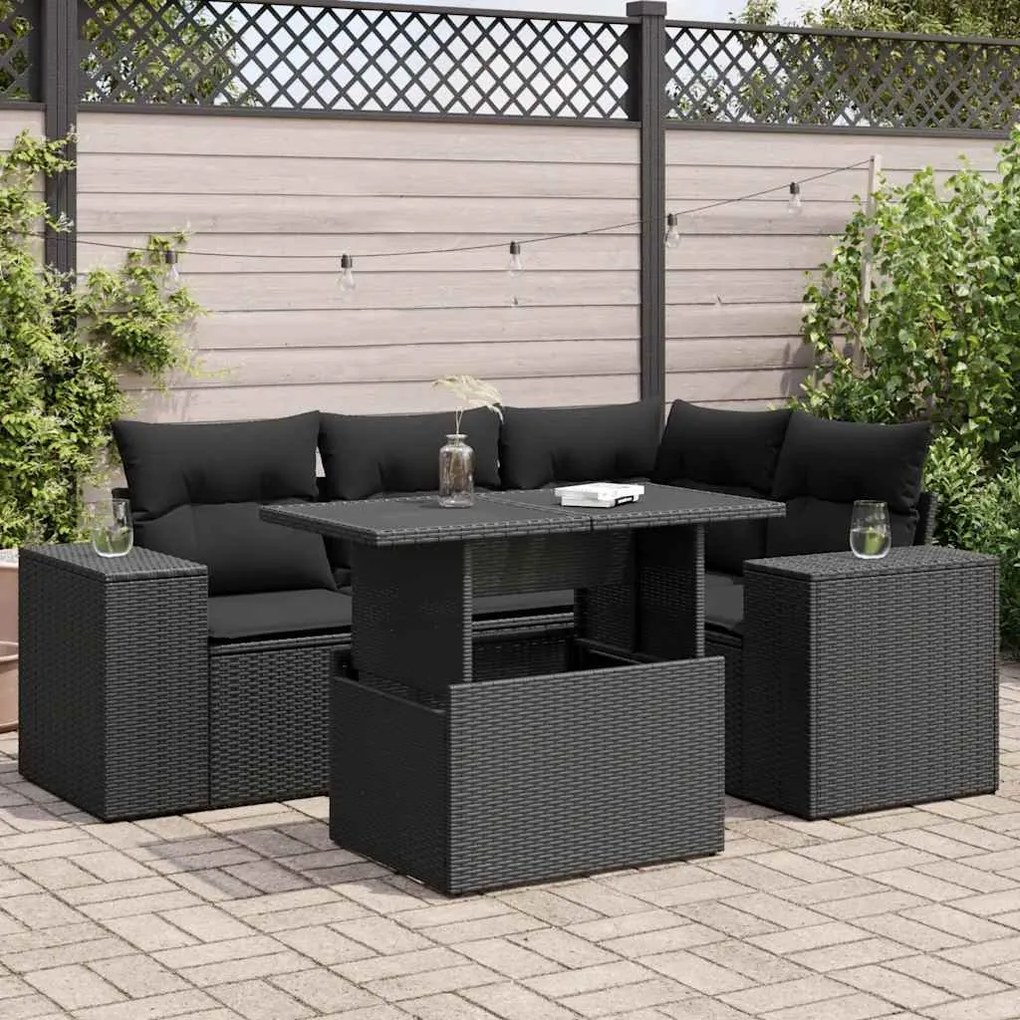 3326786 vidaXL Set mobilier de grădină cu perne, 5 piese, negru, poliratan