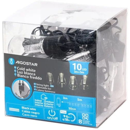Aigostar - Ghirlandă LED decorativă pentru exterior, 10 LED, 8 m, IP44, alb rece