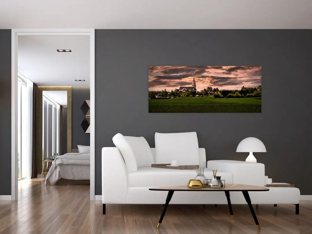 Tablou cu peisaj și biserică (120x50 cm)