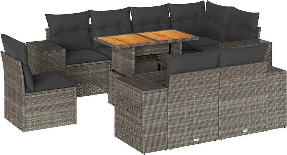 vidaXL Set canapele de grădină, 9 piese, cu perne, gri, poliratan