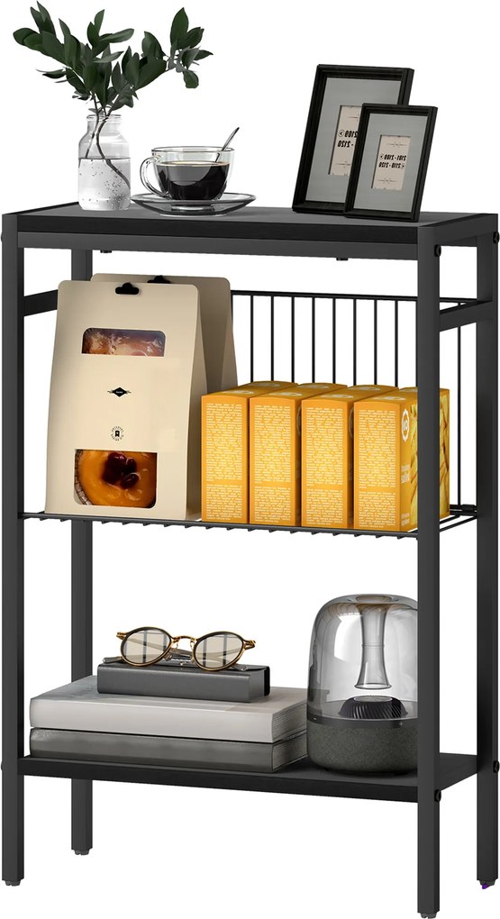 HOMCOM Masă laterală, design în 3 niveluri, rafturi cu aspect lemn, cadru din oțel, negru | Aosom Romania