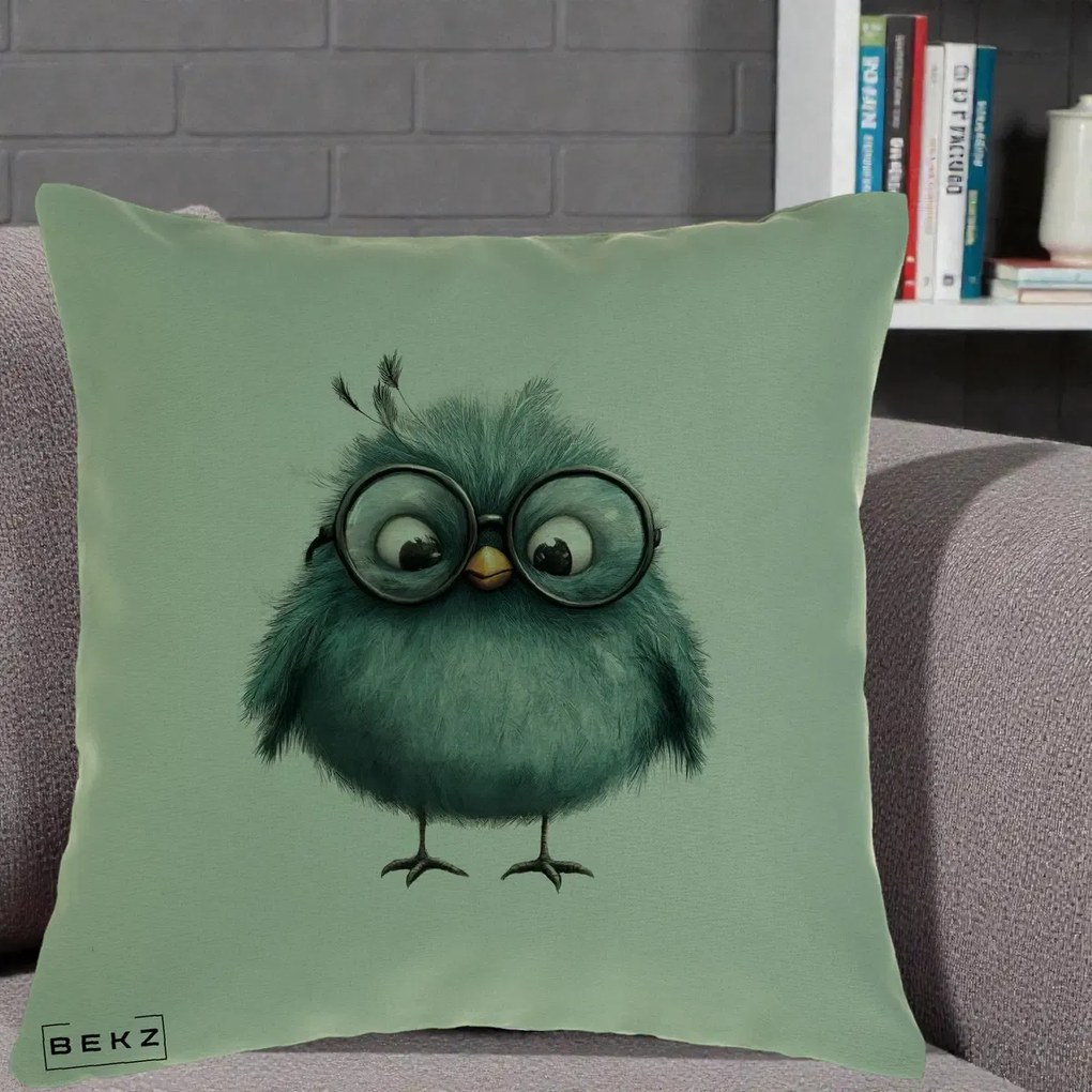 Perna Decorativa Pui Teal cu Ochelari Rotunzi, 40x40 cm, Verde, Husa Detasabila, Perna Inclusa, BEKZ®