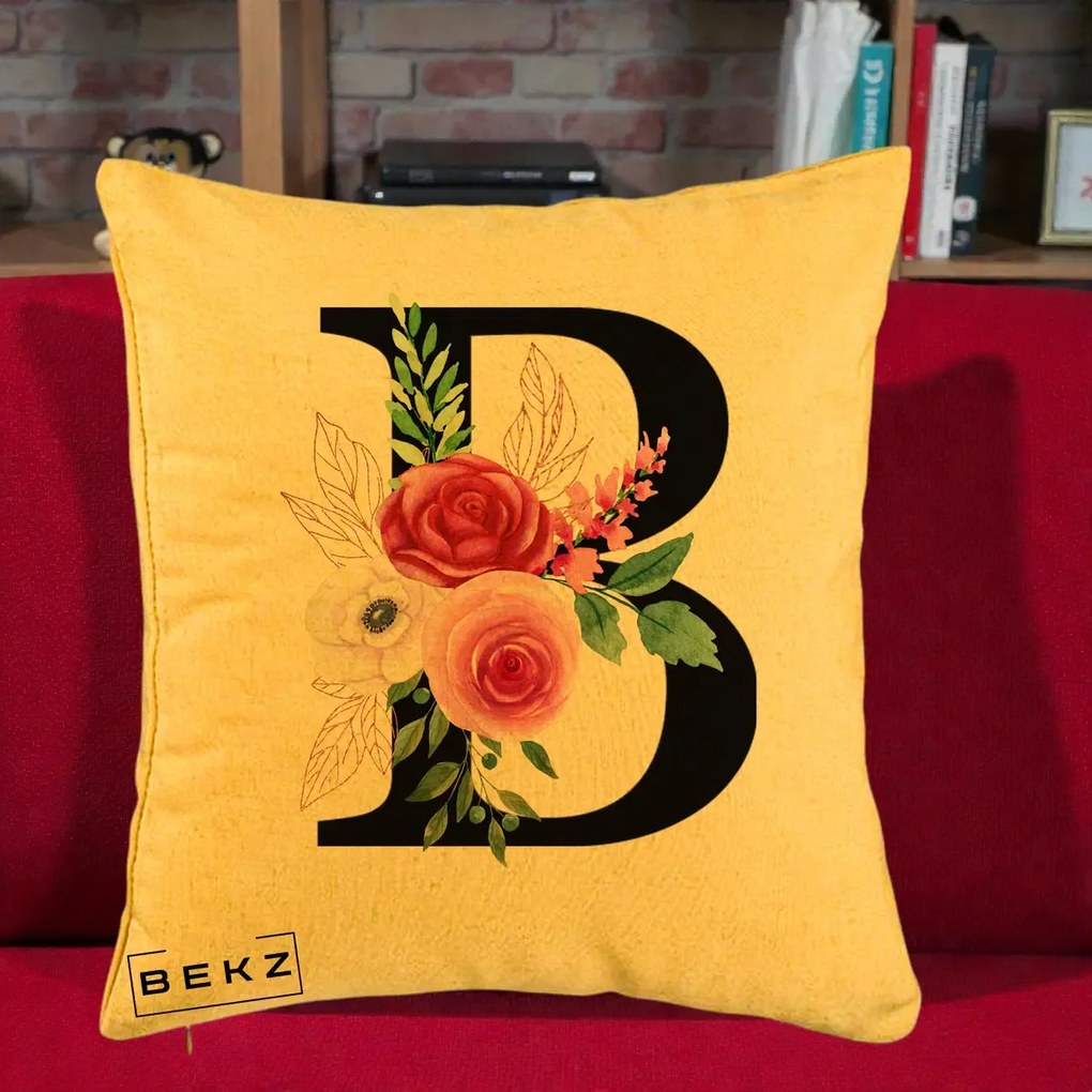 Cadou Personalizat - Perna Personalizata Monograma Florala Litera B, 40x40 cm, Galben, Husa Detasabila, Perna Inclusa, BEKZ®