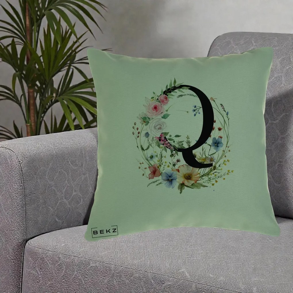 Cadou Personalizat - Perna Personalizata Monogram Litera Q cu Flori Acuarela, 40x40 cm, Verde, Husa Detasabila, Perna Inclusa, BEKZ®
