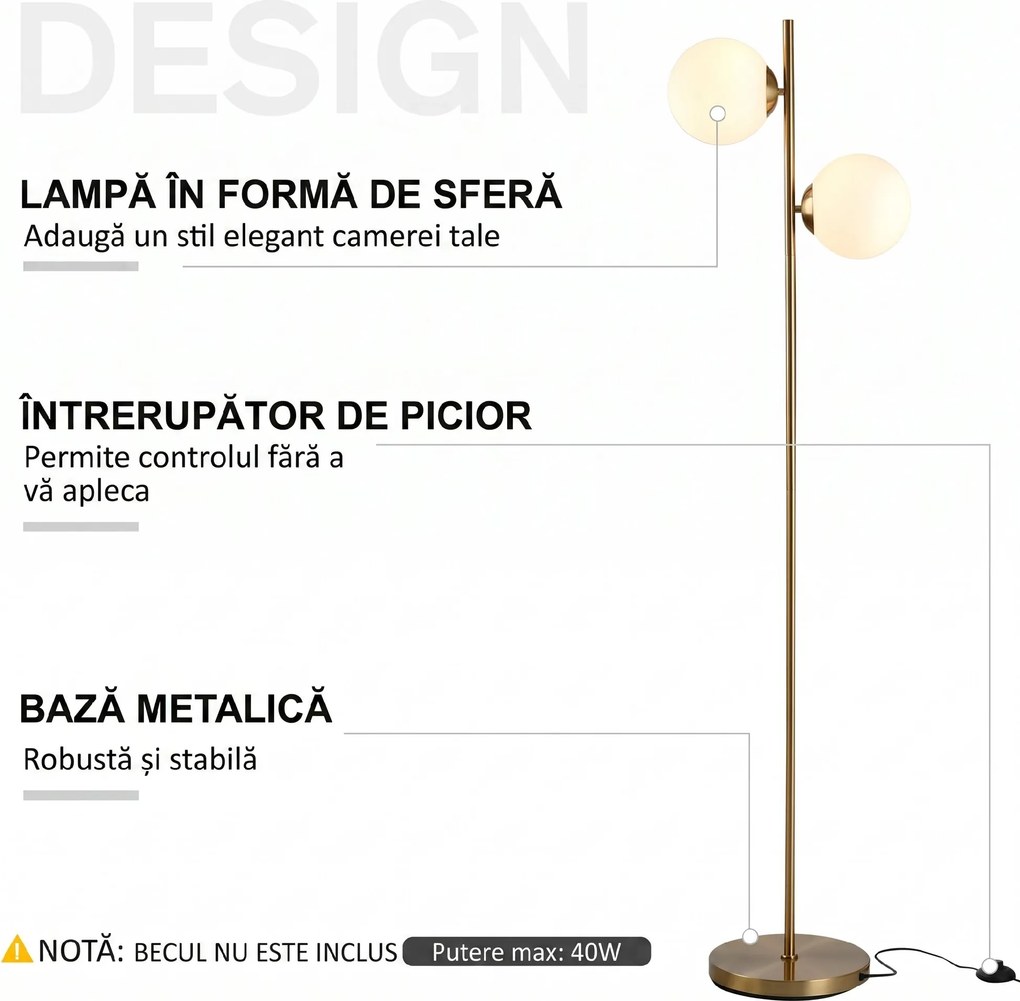 HOMCOM Lampă de Podea cu 2 Lumini și Abajururi Sferice, Lampă de Podea cu Comutator de Picior, Soclu E27, 39x28x165 cm, Aur | Aosom Romania
