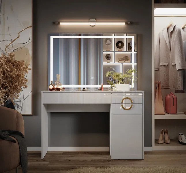 Masuta machiaj cu Oglinda LED si 3 Sertare pentru Cosmetice, Set Masa toaleta 115 cm, Alb Lucios, masuta cosmetica, vanity - SEA442