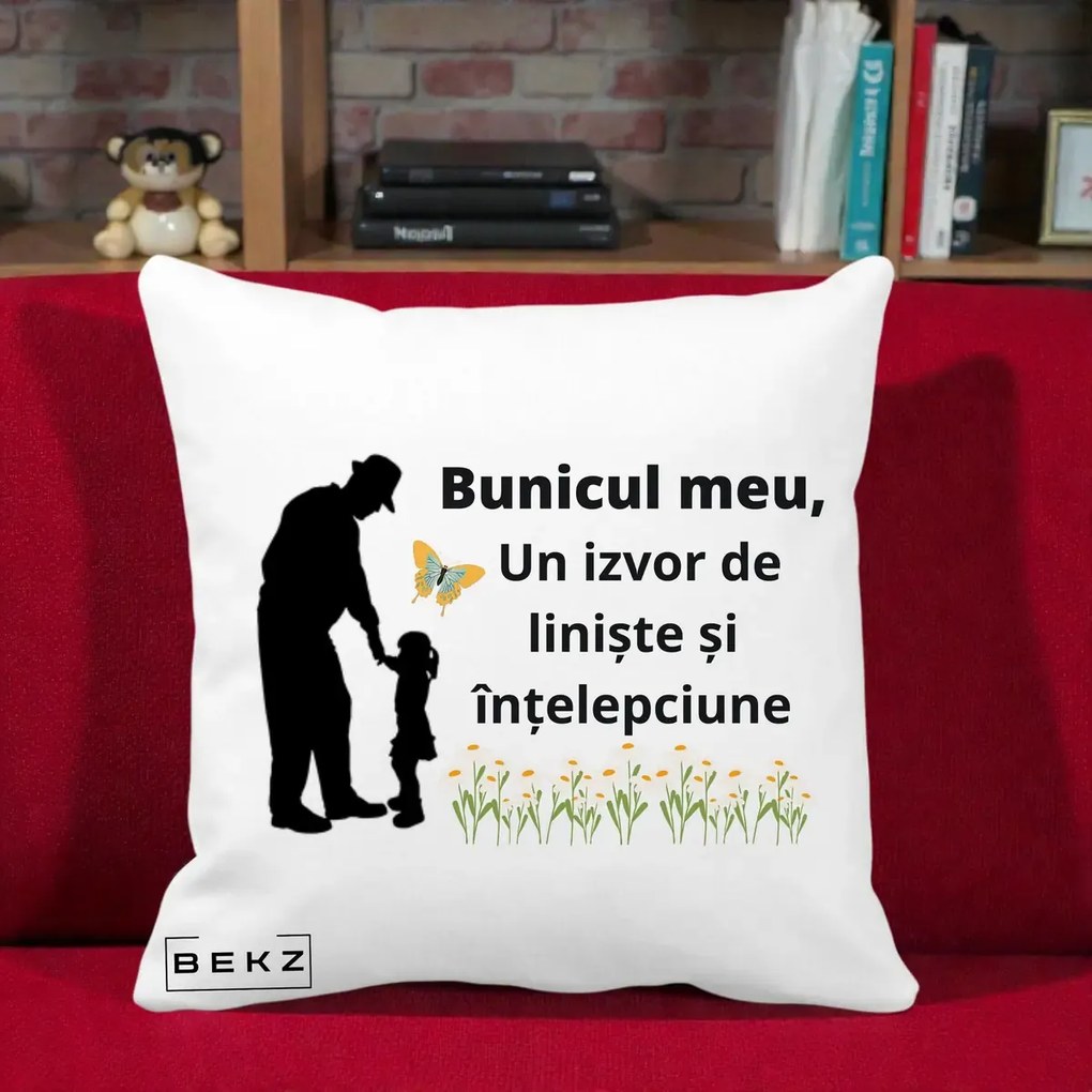 Cadou pentru Bunic - Perna Personalizata Bunicul Meu Izvor de Liniste cu Fluture si Fetita, 40x40 cm, Alba Mata, Husa Detasabila, Perna Inclusa, BEKZ®
