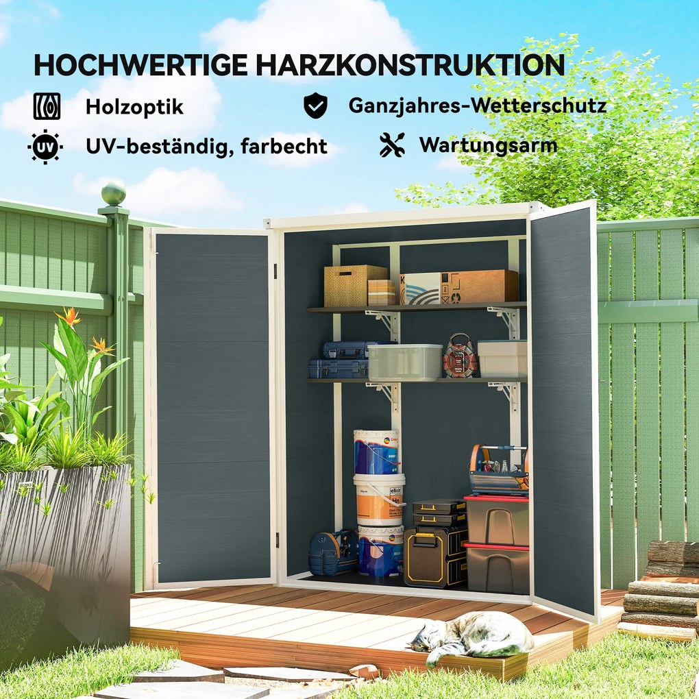 Outsunny Depozit pentru unelte 0,8m², șopron pentru unelte cu rafturi pliante, 134 x 68,5 x 170 cm, din plastic cu uși duble închise cu lacăt, placă pentru podea | Aosom Romania