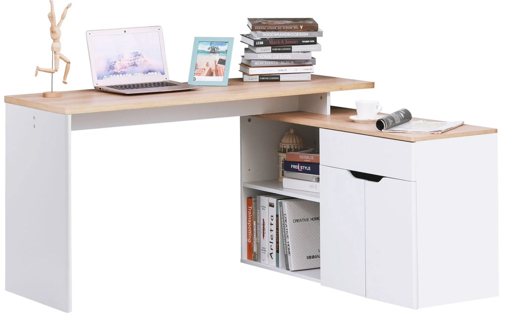 HOMCOM Birou cu Blat Extensibil pentru PC și Bibliotecă, 140x117x76 cm, Alb | Aosom Romania