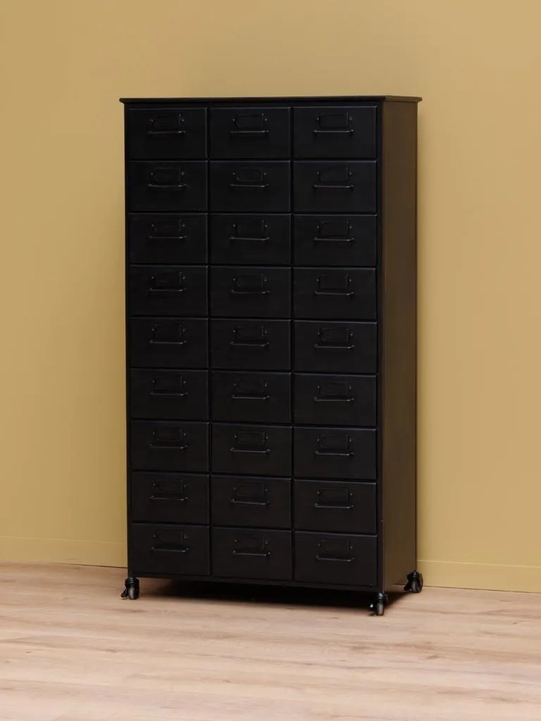 Dulap cu sertare vintage industrial din metal, negru, cu 27 de sertare, port-etichete și roți cu frână, finisaj antichizat, 132 x 76 x 37 cm, „Office”