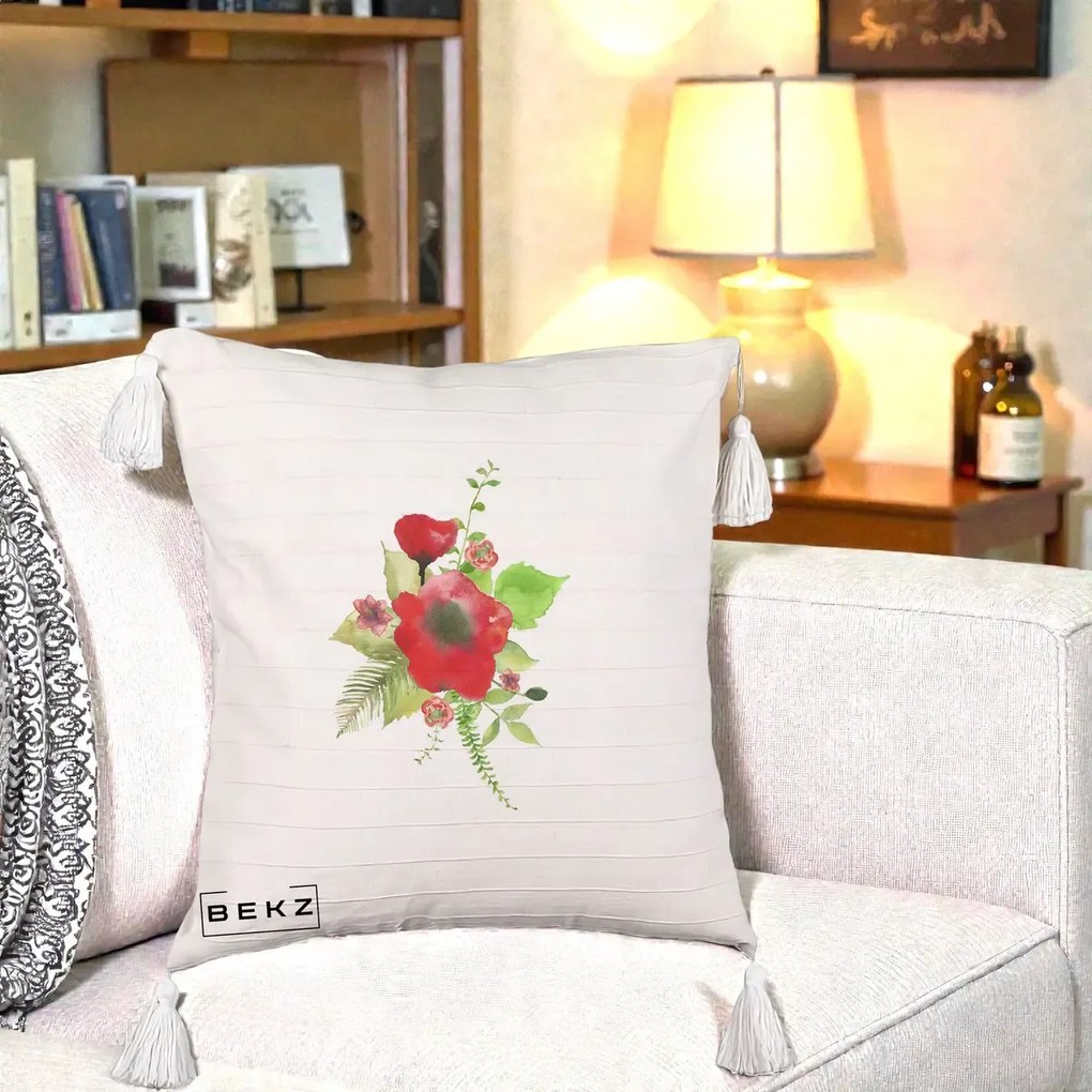 Perna Decorativa Buchet Rosu Acuarela, 40x40 cm, Bej cu Franjuri, Husa Detasabila, Perna Inclusa, BEKZ®
