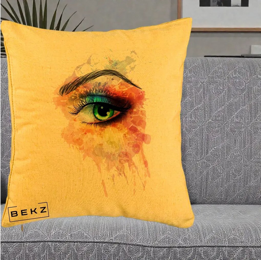 Perna Decorativa Ochi Verde Acuarela, 40x40 cm, Galben, Husa Detasabila, Perna Inclusa, BEKZ®