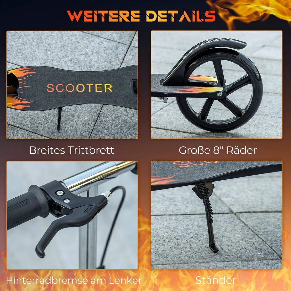 HOMCOM Trotinetă Pliabilă pentru Copii 7-14 Ani, Reglabilă pe 3 Înălțimi, Roți Mari din Plastic și Metal, 86x35x93/98/103 cm, Negru | Aosom Romania