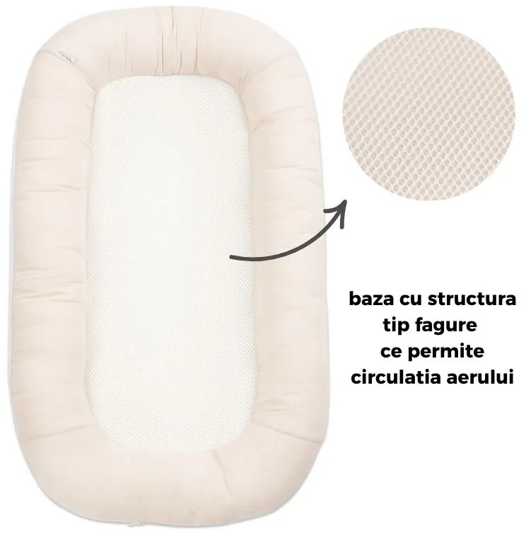 Baby nest ergonomic cu baza respirabila si husa detasabila din muselina Kidizi Airnest Natur