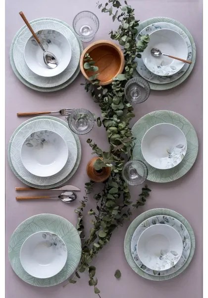 Set de veselă 24 piese, din porțelan, alb/verde