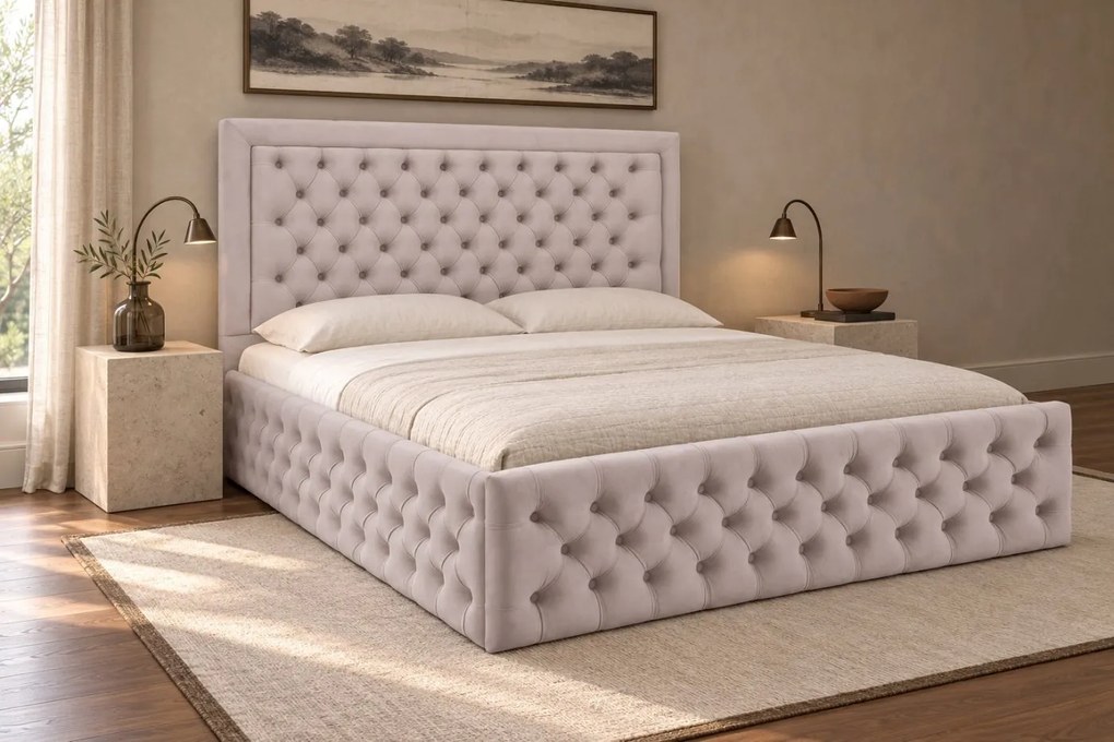Pat tapițat Chesterfield din catifea Ophelia Deluxe 140×200 cm, crem, cu ladă de depozitare