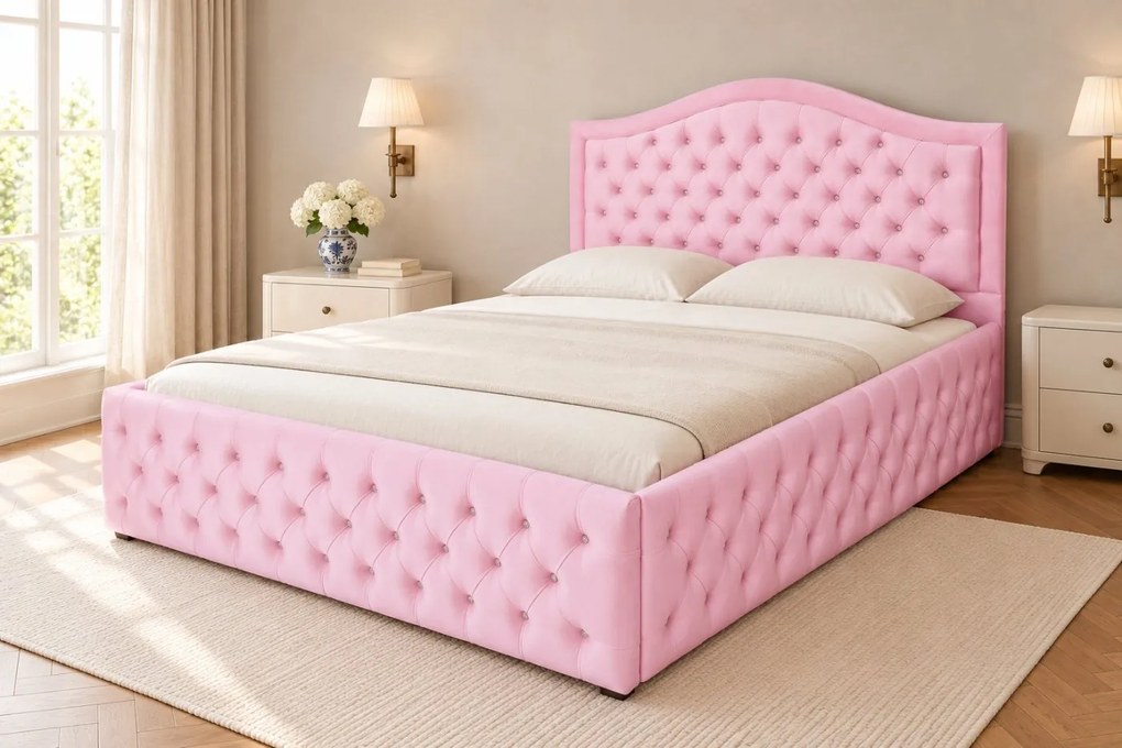 Pat tapițat Chesterfield din catifea Solaria Deluxe Cristal 180×200 cm, roz, cu ladă de depozitare