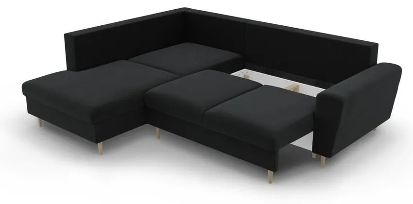 Colțar negru extensibil, cu spațiu de depozitare cu tapițerie din catifea (cu colț pe partea stângă-în formă de ”L”) Kyoto – Cosmopolitan Design