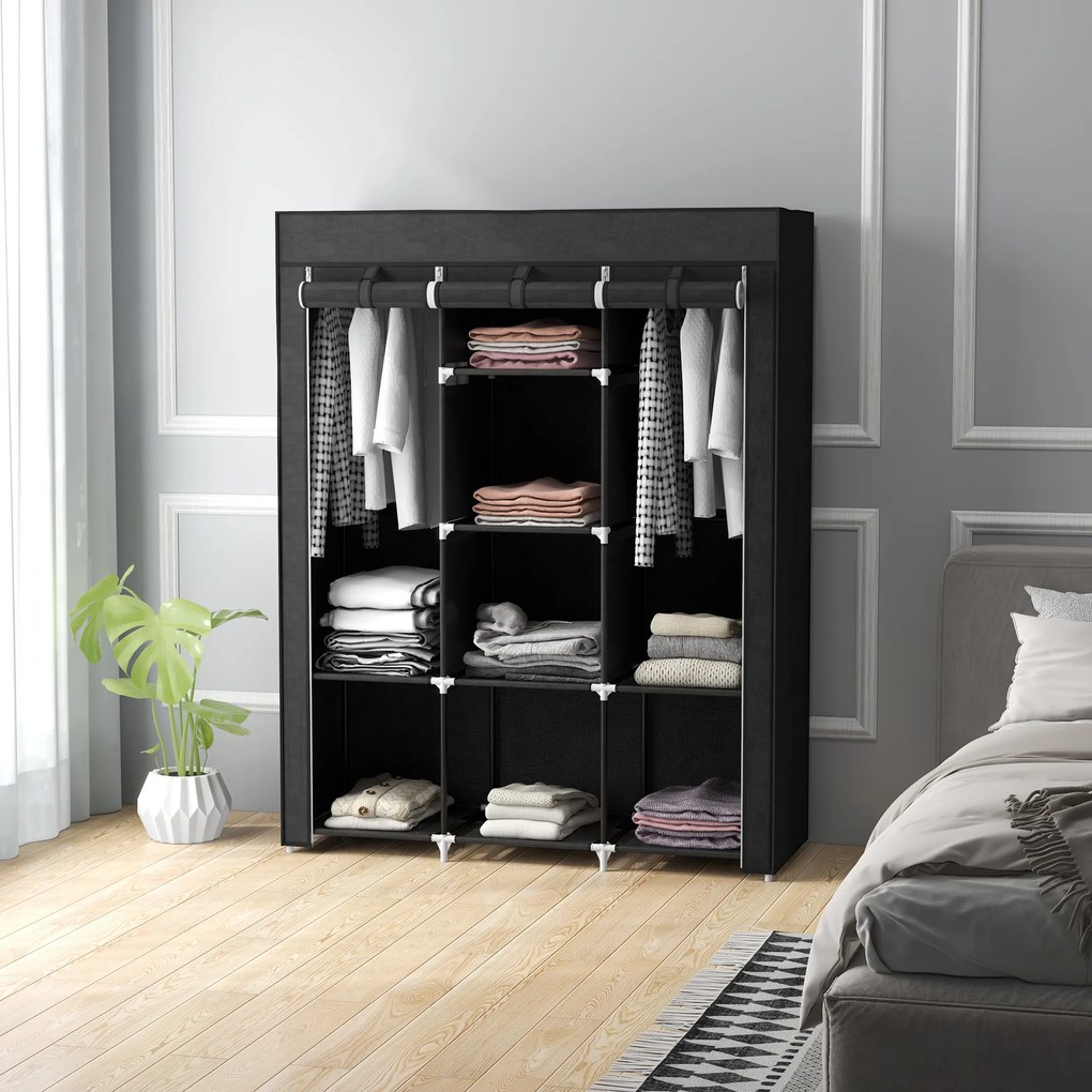 HOMCOM Dulap din Material Textil cu Bază Înălțată, 8 Rafturi și 2 Bare, 125x43x162.5 cm, Gri Închis | Aosom Romania